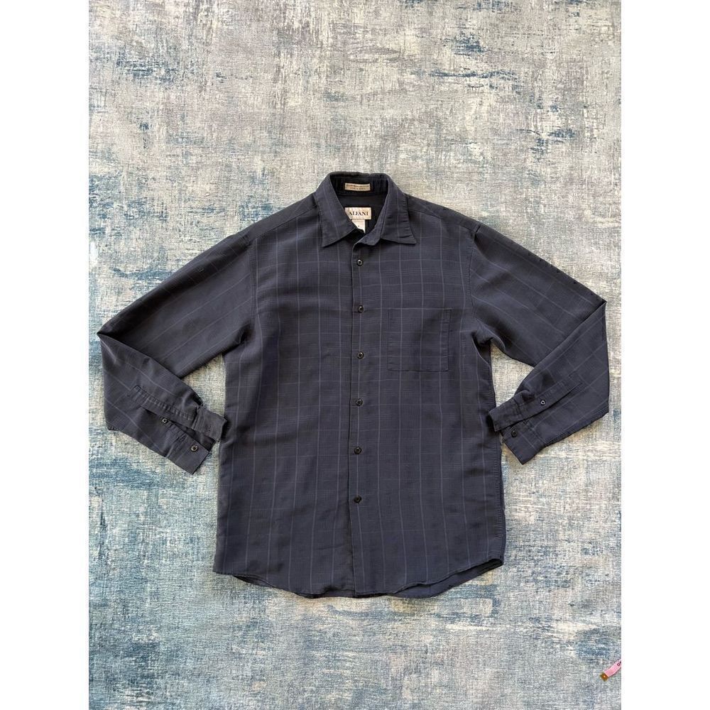 Alfani Blue Jacquard Plaid Long Sleeve Button Down Shirt Small